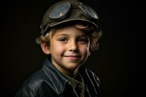 retrato de un linda pequeño chico en militar uniforme en oscuro antecedentes ai generado foto