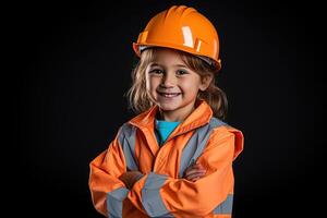 Portrait of a smiling little girl in a construction helmet AI Generated photo