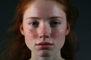 a close up of a woman with freckles AI generated photo