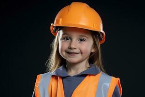 retrato de un sonriente pequeño niña en un construcción casco ai generado foto