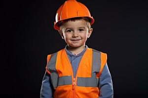 retrato de un linda pequeño chico en un construcción casco ai generado foto