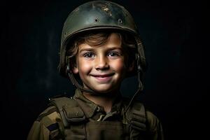 retrato de un linda pequeño chico en militar uniforme en oscuro antecedentes ai generado foto