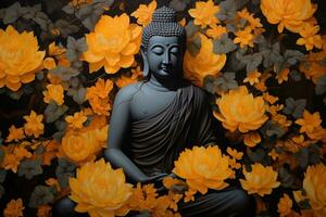 a golden buddha statue surrounded by flowers AI Generated photo