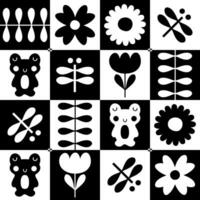 Monochrome seamless pattern with tulip flowers, frogs and dragonflies. Geometric checkered print for T-shirt, poster, textile and fabric. vector