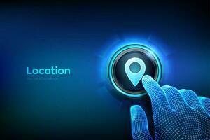 Location. Pointer of map. Closeup finger about to press a button with Point of location icon. Map marker sign. Gps pointer. Navigation pin point global position system symbol. Vector illustration.