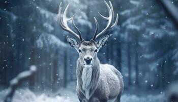 Snow covered forest, a majestic stag gazes into the wintry landscape generated by AI photo