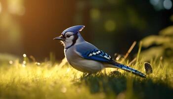 A small bird perching on a branch, surrounded by green grass generated by AI photo