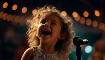 sonriente, linda caucásico niña canto en escenario, alegre y juguetón generado por ai foto