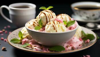 Mint leaf, culinary delight, sweet fruit, ice cream refreshment generated by AI photo