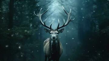 majestuoso ciervo en invierno bosque, cerca arriba, tranquilo y misterioso generado por ai foto
