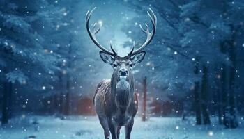 invierno nieve cubre el bosque, un ciervo soportes en tranquilidad generado por ai foto