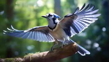 A beautiful seagull perching on a branch, spreading its wings generated by AI photo