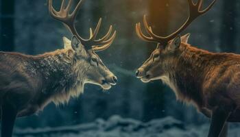 Snow covered forest, a majestic stag and doe in winter wonderland generated by AI photo