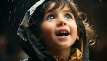 sonriente niño en lluvia, mojado y alegre, felicidad al aire libre linda caucásico retrato, divertido cerca arriba generado por ai foto