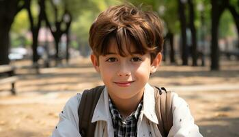 Smiling boy outdoors, looking at camera, enjoying nature beauty generated by AI photo