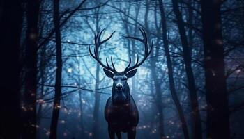 un majestuoso ciervo soportes en un Nevado bosque, iluminado por luz de la luna generado por ai foto