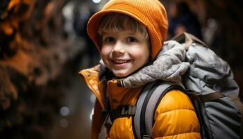 sonriente caucásico niño disfruta invierno aventuras en hermosa otoño bosque generado por ai foto