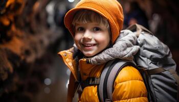 Smiling Caucasian child enjoys winter adventure in beautiful autumn forest generated by AI photo