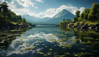 Tranquil scene of majestic mountain range reflected in peaceful pond generated by AI photo