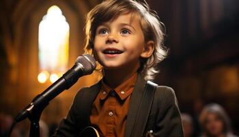 un sonriente caucásico niño músico realiza en etapa con un guitarra generado por ai foto