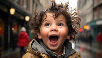 Smiling child in warm clothing enjoys playful winter outdoors generated by AI photo