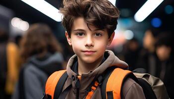 sonriente caucásico Niños con mochilas, mirando a cámara al aire libre generado por ai foto