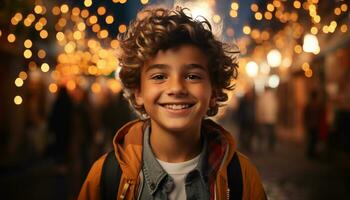 un alegre niño sonriente, mirando a cámara, disfrutando invierno noche generado por ai foto