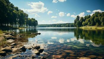 tranquilo escena azul cielo refleja en pacífico estanque, verde césped generado por ai foto