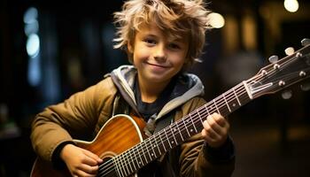 A smiling boy playing guitar, enjoying the music and learning generated by AI photo