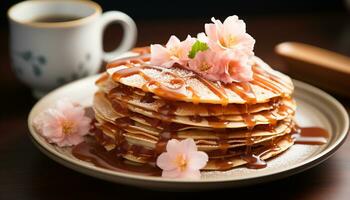 Freshly baked pancakes stacked high on a wooden plate, mouthwatering sweetness generated by AI photo