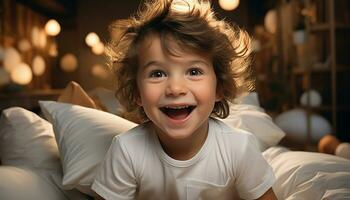 un alegre, linda chico sonriente felizmente en su cómodo dormitorio generado por ai foto
