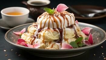 Freshness and sweetness on a plate, gourmet dessert indulgence generated by AI photo