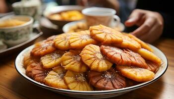 Freshly baked homemade bread on wooden table, a delicious meal generated by AI photo