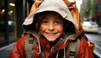 sonriente niño en invierno lluvia, mochila, alegre, naturaleza, aventuras generado por ai foto