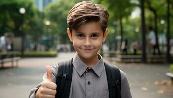 Smiling boy outdoors, cheerful and cute, looking at camera generated by AI photo