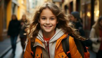 sonriente niña caminando en el ciudad, disfrutando invierno con alegría generado por ai foto