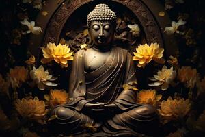 buddha statue surrounded by yellow flowers AI Generated photo