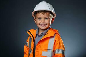 Portrait of a cute little boy in a construction helmet AI Generated photo