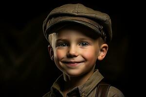 retrato de un linda pequeño chico en militar uniforme en oscuro antecedentes ai generado foto