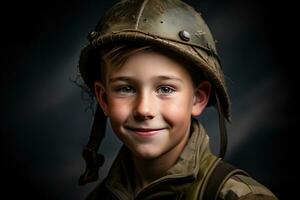 retrato de un linda pequeño chico en militar uniforme en oscuro antecedentes ai generado foto