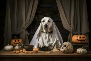 Víspera de Todos los Santos tema. perro en fantasma disfraz con calabazas en oscuro antecedentes ai generado foto