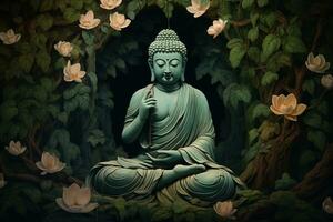 Buddha statue with lotus flower and green leaves background AI Generated photo