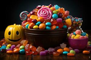 Ai Generated. Halloween candies and sweets on dark background photo