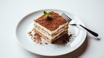 Photo of tiramisu on white plate. Generative AI