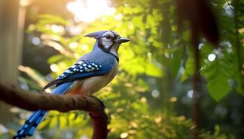 A colorful bird perching on a branch in the forest generated by AI photo