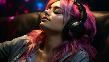 Young woman enjoying music with headphones at a fashionable nightclub generated by AI photo