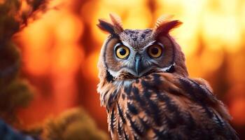 Great horned owl perched on branch, staring into sunset generated by AI photo