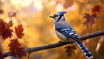 A vibrant yellow tit perching on a branch in autumn generated by AI photo