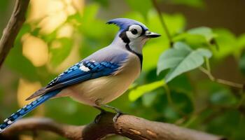 un vistoso pájaro encaramado en un rama en el bosque generado por ai foto