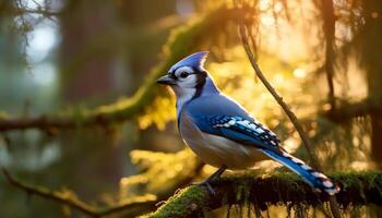 un vistoso pájaro encaramado en un rama en el bosque generado por ai foto